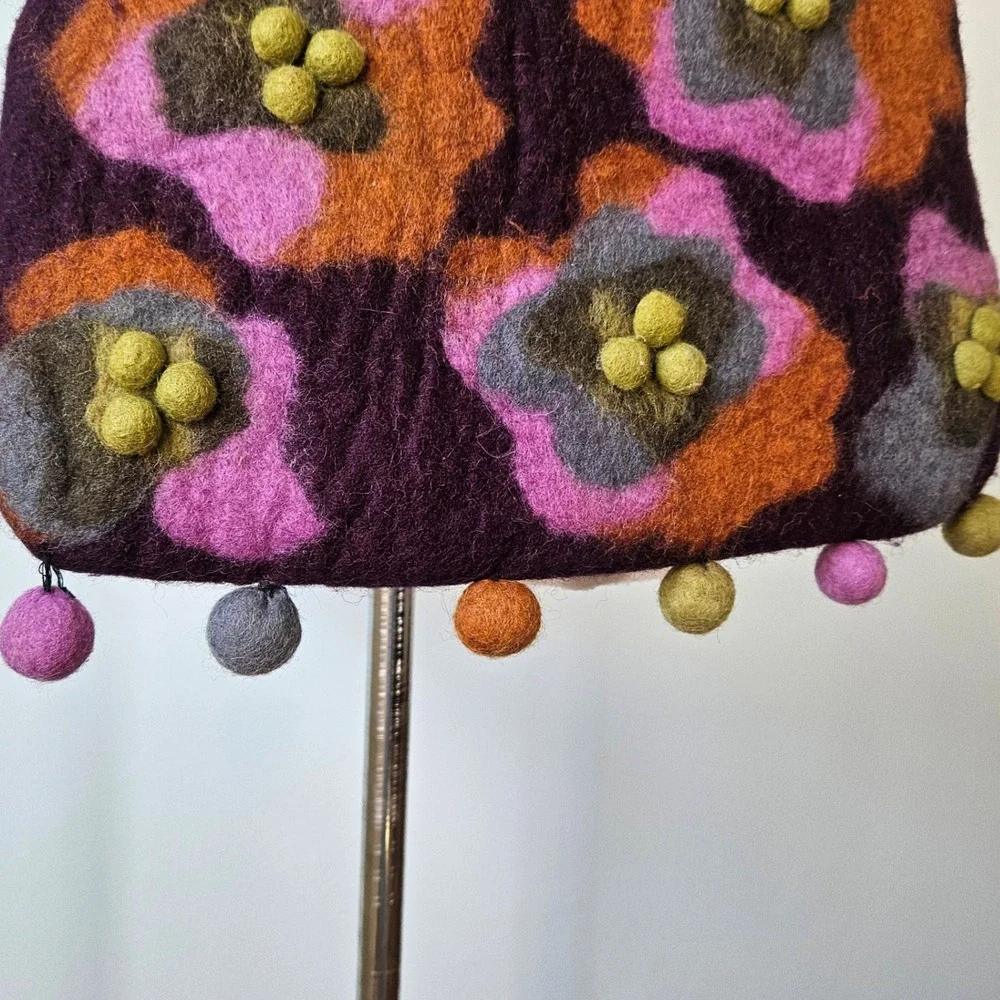 Rising Tide Purple Felted Wool Floral Pom Pom Shoulder Bag Made Nepal Boho Y2K
